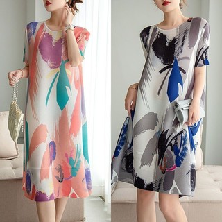 Váy In Hình Trừu Tượng Xếp Ly Mùa Hè 2023 Phong Cách Mới Co Giãn Cao Kích Thước Lớn Cổ Tròn Hồ Sơ Đầm Nữ