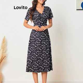 Đầm Lovito cột dây đắp tà họa tiết hoa nhí thanh lịch cho nữ LBL08132