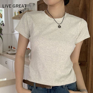 Live GREAT Áo thun nữ mùa hè thường ngày vai phải đa năng màu trơn cổ tròn giảm béo tay ngắn