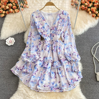 Thời Trang Nữ Vintage Thanh Lịch In Hình Voan Tiệc Kỳ Nghỉ Đầm Xuân Thu Cổ Chữ V Đơn Áo Lồng Tay Xù Bohemian Váy