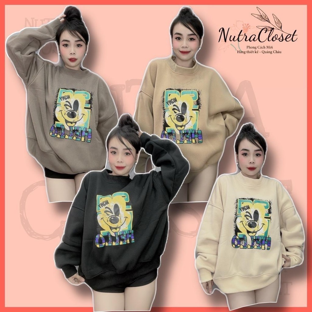 Áo sweater nỉ dệt xk dày in mickey tay phồng unisex nam nữ