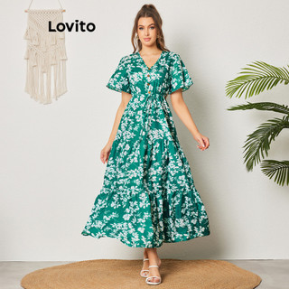Đầm Lovito boho nút trước phối xếp nếp họa tiết hoa cho nữ LBL08154