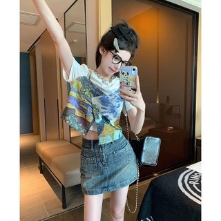 Áo thun ngắn tay giả hai mảnh dành cho nữ, dáng ôm vừa vặn, áo ngắn kiểu dáng ngọt ngào và cay nồng