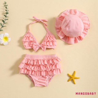 Mg-baby Girls Bộ trang phục đồ bơi mùa hè Áo treo cổ + Quần short xếp lớp + Mũ