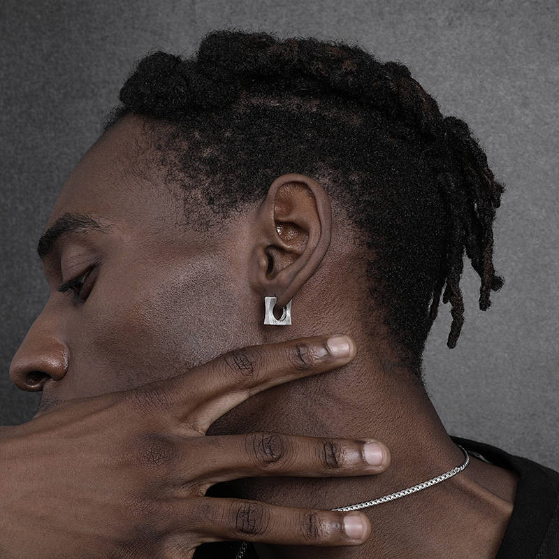 Original Design Sterling Silver Earrings Men's Trendy Unique Men's Niche Hip Hop Single Square Large