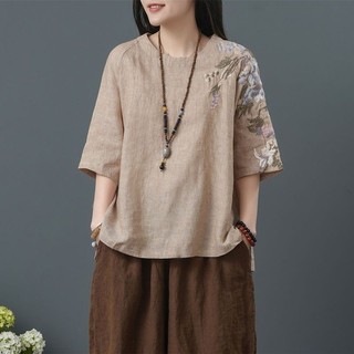 Admm / cotton Vải Lanh Top Nữ Trung Niên Mẹ Mùa Hè Vải Lanh Tay Ngắn Thêu Hoa Áo Thun Phong Cách Dân Tộc Plus Size Nữ