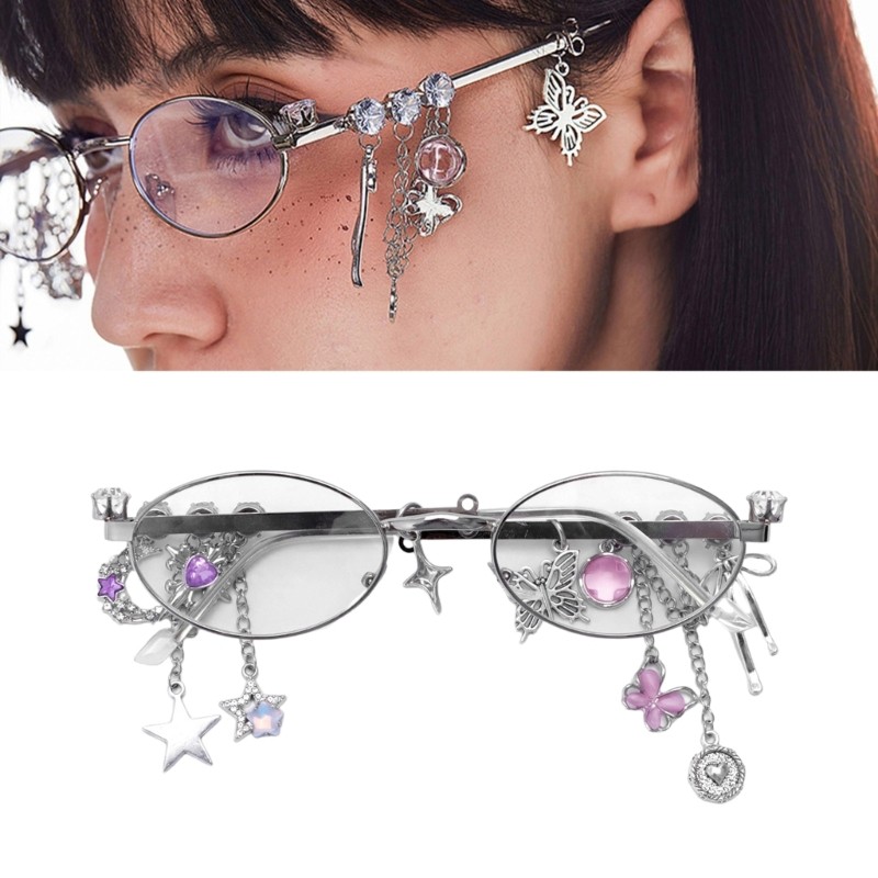 XGB Modern Cool Oval Frame Eye Glasses with Tassels Rhinestones Star For Women and Teens Girl Japane