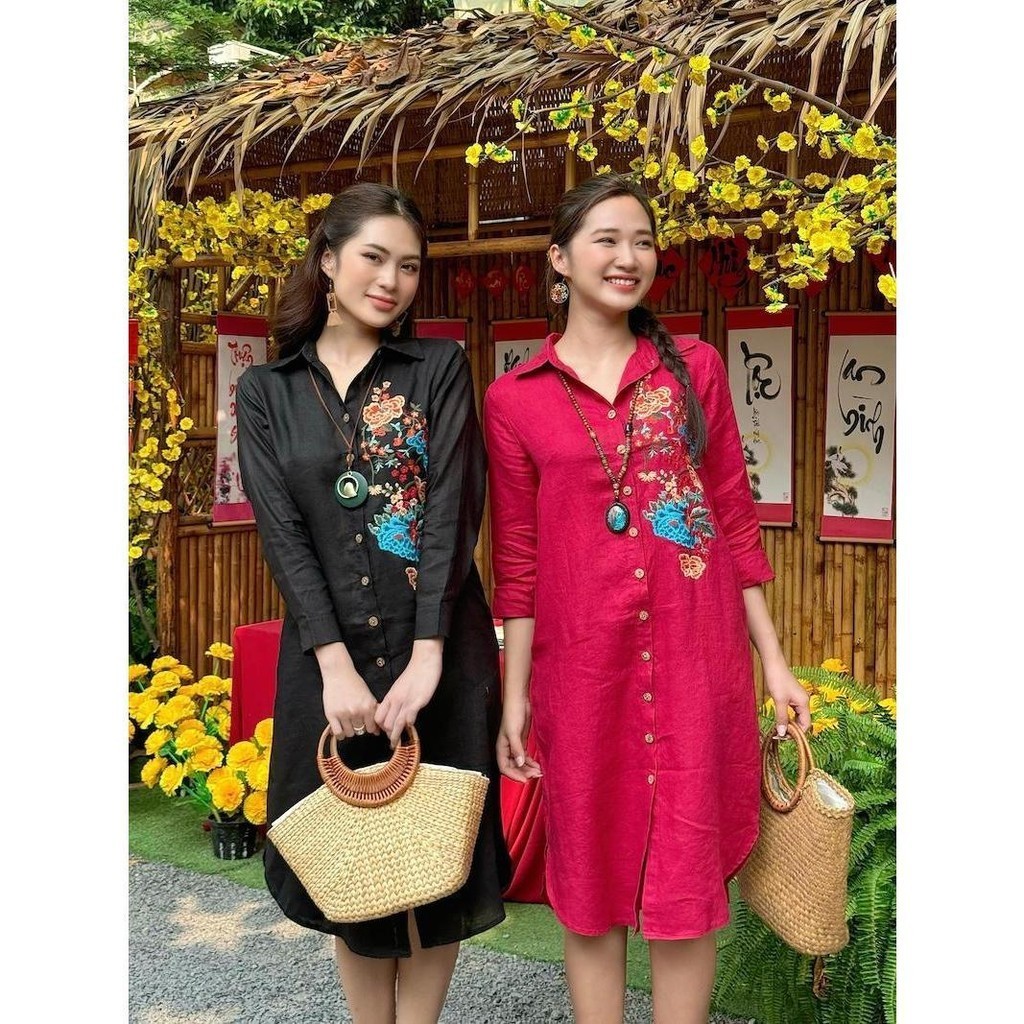 Đầm Sơ Mi Dáng Dài VẢI LINEN TƯNG PREMIUM - Thêu Hoa - Roxy Linen Wear - D9049