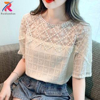 Ruidiandian Áo Sơ Mi Nữ Phong Cách Hàn Quốc Mùa Hè Phong Cách Mới Cổ Tròn Móc Hoa Rỗng Ren Áo Sơ Mi Nữ Độc Đáo Và Đẹp Nhỏ Áo Sơ Mi Tay Ngắn