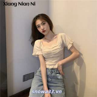 Xiang NIAN NI Design niche Pháp cổ vuông ngắn 2024 mùa hè mới tay phồng thon gọn vai phải áo thun ngắn tay dành cho nữ