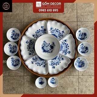 Bộ bát đĩa cúng gia tiên bát tràng, bộ hoa mặt trời vẽ sen xanh