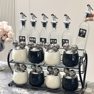 Bộ hũ đựng gia vị gốm sứ nắp nơ kèm chai đựng nước mắm dầu ăn nhà bếp, bộ lọ gia vị kèm kệ gia vị