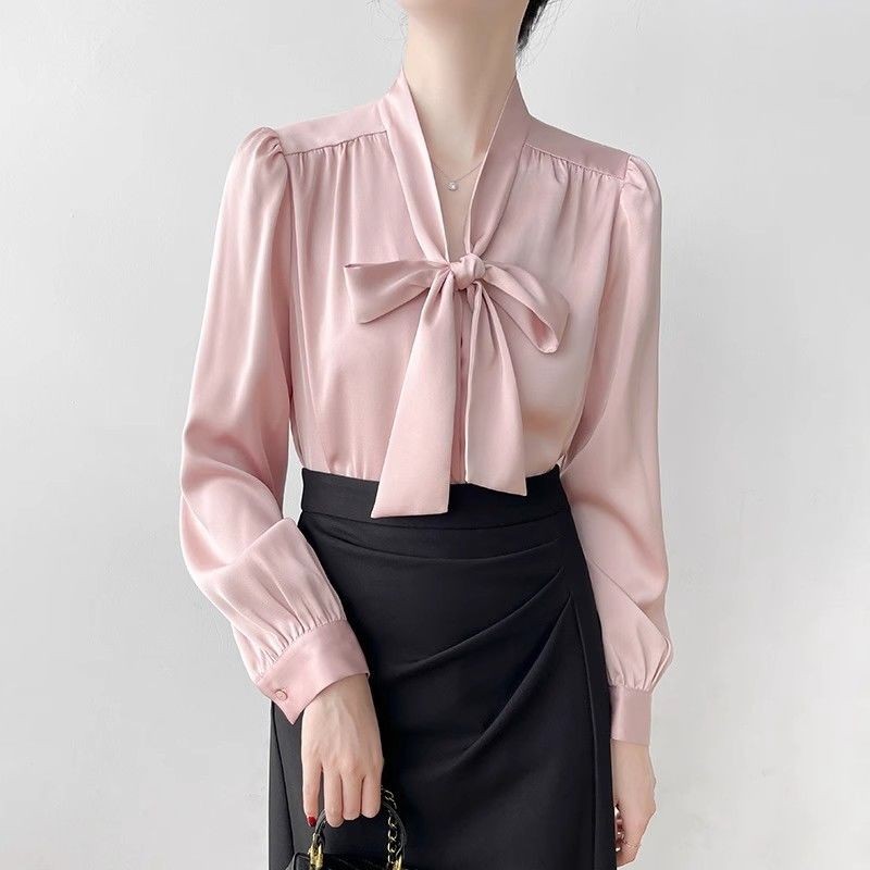 Áo sơ mi nữ nơ cà vạt dài tay Satin Áo sơ mi cổ cao công sở