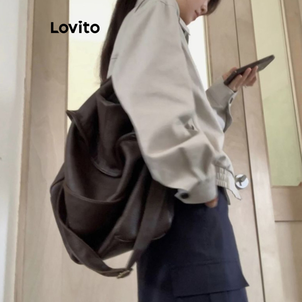 Lovito Áo khoác có dây kéo trơn phía trước có túi cho nữ LNA37061 (Quả mơ)