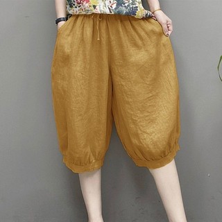 Ice Silk Giả Vải Lanh Ren Co Giãn Eo Bloomers Quần Ống Rộng Năm Điểm Quần Nữ Mùa Hè Phong Cách Mới Rời Giả Cotton Vải Lanh Quần Short-