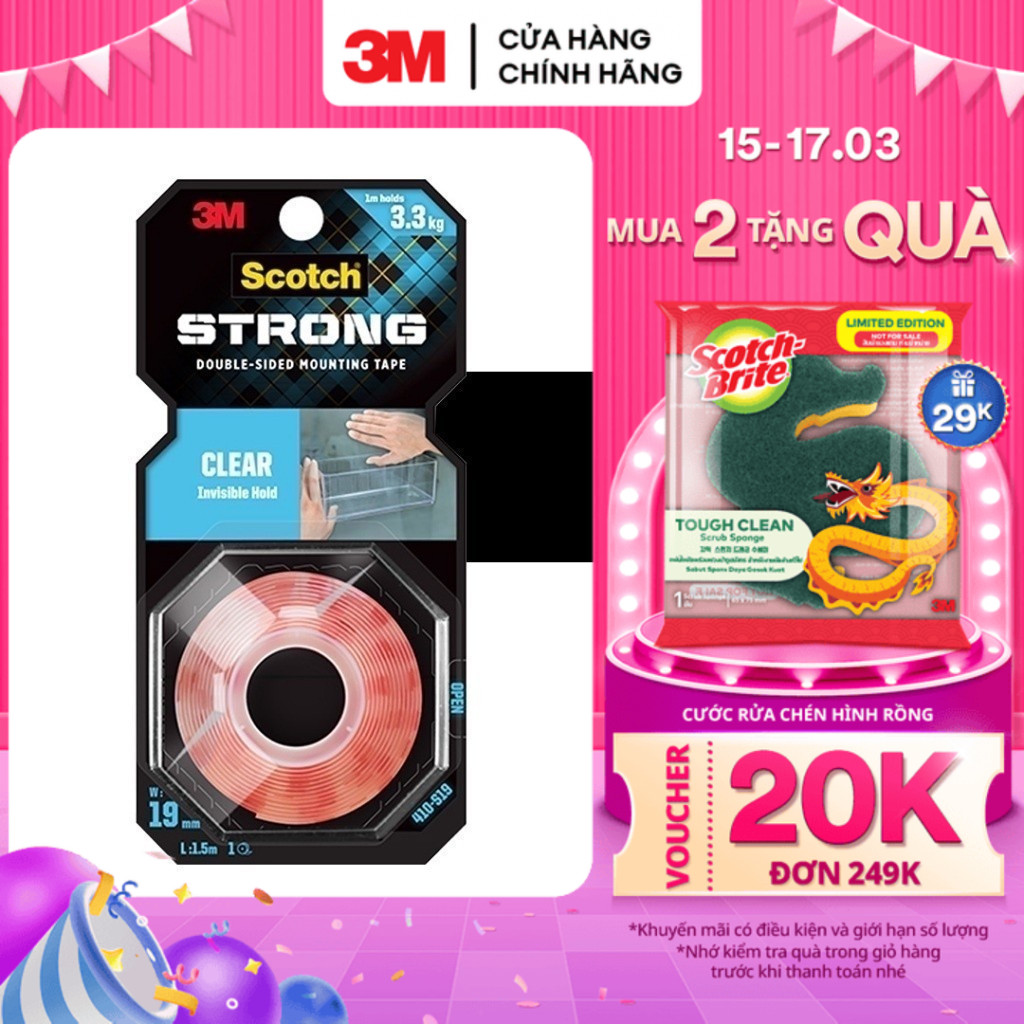 Băng keo hai mặt 3M™ Scotch®, trong suốt, siêu dính, độ bền cao, chống tia UV, kéo nhẹ nhàng, 1 cuộn, Dùng trong nhà