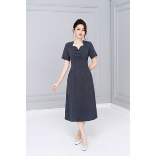 Đầm ghi chì xước nhật, dáng A cổ đính nơ nhỏ (limitted) 44001G94 Toson