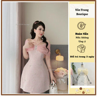 T145 Váy trễ vai dây chéo cổ hồng be dáng ngắn sang chảnh tiểu thư chuẩn hàng mẫu thiết kế