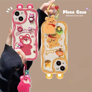 Búp bê 3D dễ thương Winnie The Pooh Pink Bow Vỏ gấu dâu Tương thích cho IPhone 15 11 14 7Plus 13 12 Pro MAX SE 2020 8 6S 15 7 6 Plus XR X XS MAX 3D Vỏ viền cong gợn sóng