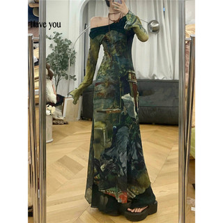 Đầm Dài Tay Cao Cấp In Họa Tiết Tranh Sơn Dầu Phong Cách Pháp Cổ Điển