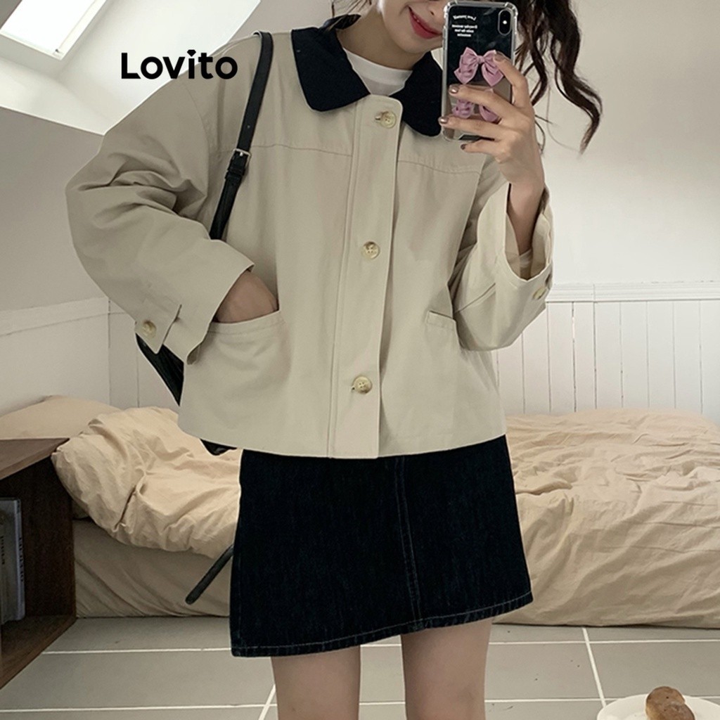 Lovito Áo khoác có cổ chắp vá màu tương phản dây kéo thông thường cho nữ LNA39151 (Kaki/Mơ)