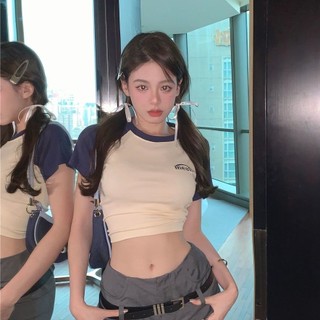 Màu Sắc Tương Phản Thêu Chữ Ngắn Tay Áo Thun Nữ Raglan Tay Slim-Fit Hot Girl Crop Ngắn Top ins
