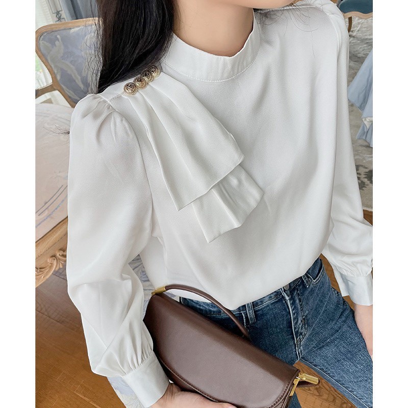 Áo sơ mi công sở nữ lụa vai đính nơ cúc ngọc cổ cao 3cm - B119