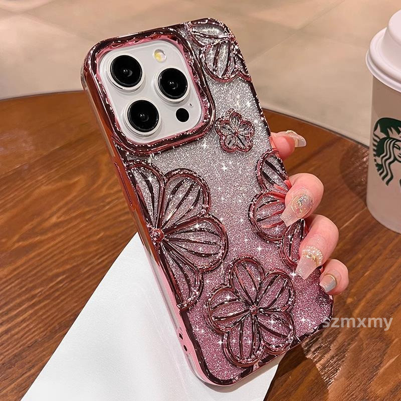 Sang Trọng Gradient Lấp Lánh 3D Hoa Vuông Khung Mạ Ốp Lưng Điện Thoại IPhone 15 13 11 14 12 Pro Max Silicon Trong Suốt Mềm Bảo Vệ