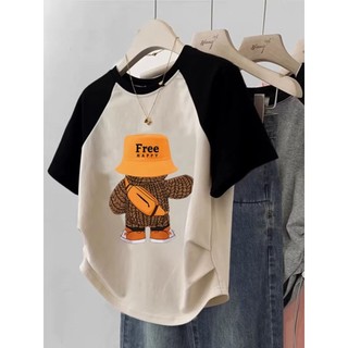 100% cotton tương phản màu sắc thời trang áo thun ngắn tay dáng rộng Hàn Quốc Sáng tạo hoạt hình in mặt sau xếp ly dành cho nữ