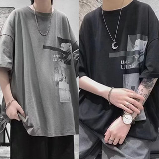 [có size 30 kg___125 kg] M-8XL áo phông nam tay lỡ,Áo Thun Mùa Hè Dáng Suông Tay Cộc American Vintage Đen Trắng Hình ảnh Áo thun in hình có cổ tròn Cotton