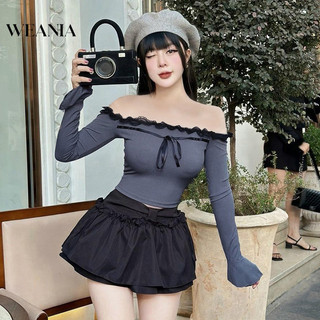 Áo thun dài tay màu ren lệch vai gợi cảm WEANIA
