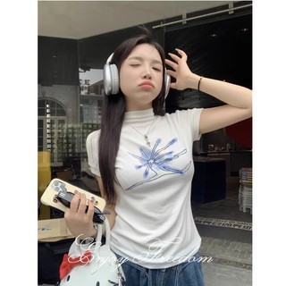 Enjoy FREEDOM Áo thun ngắn tay cotton nguyên chất dành cho nữ phong cách Hàn Quốc nhỏ cổ cao in hình áo thun ngắn tay màu trắng