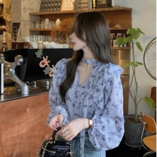 Áo sơ mi voan Áo sơ mi dài tay kiểu Pháp hoa sen in ren áo c