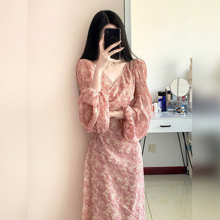 Mới Kích Thước Lớn Quần Áo Nữ Pháp Hepburn Phong Cách Hoa Thanh Lịch Đầm Voan Đèn Lồng Tay Áo Cổ Chữ V Đầm