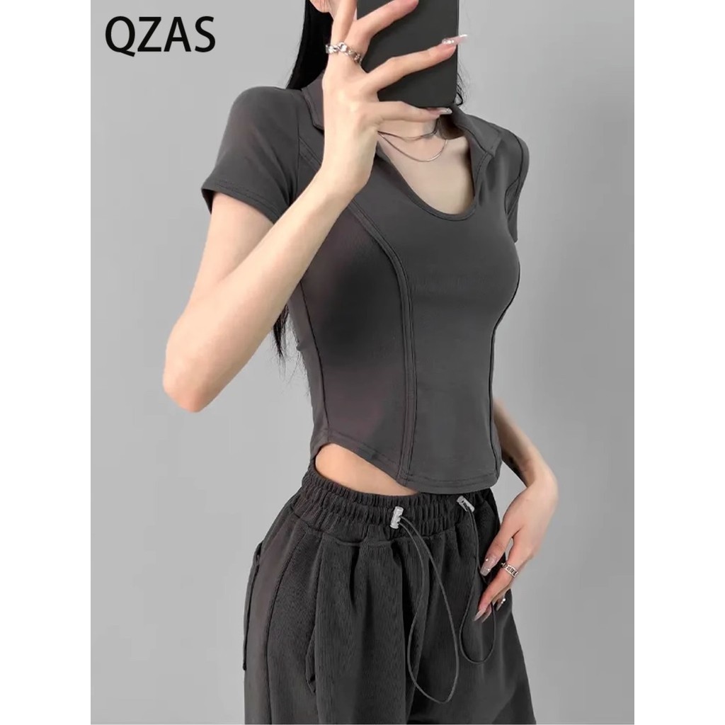 Qzas Dây thắt lưng ngắn tay màu trơn Áo ngắn giảm béo W113