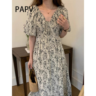 Đầm tay bong bóng cổ chữ V sang trọng PAPV in mực eo cao 1657