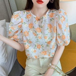 Phong Cách Mới Mùa Hè Cổ Tròn In Hoa Puff Tay Áo Sơ Mi Nữ Niche Pháp Ngọt Ngào Top