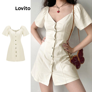 Đầm Lovito nút trước buộc sau ráp vải màu trơn thường ngày cho nữ L80ED295