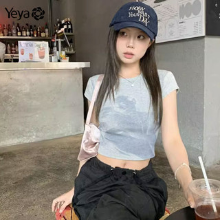 Yeya Nữ Retro Mỹ Áo Thun Nữ Ngắn Slim Fit Tay Ngắn Cổ Tròn In Hình Đa Năng Áo Thun