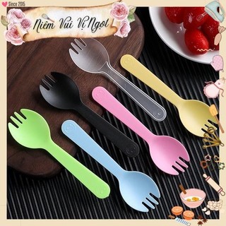 100 CÁI ~ Nĩa Nhựa Ăn Trái Cây, Muỗng Nĩa Nhựa Sữa Chua, Muỗng Nhựa Bánh Kem