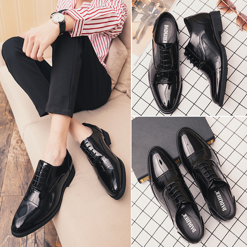 Giày thang máy tăng chiều cao vô hình dành cho nam - Da sáng chế màu đen buộc dây Tuxedo Oxfords