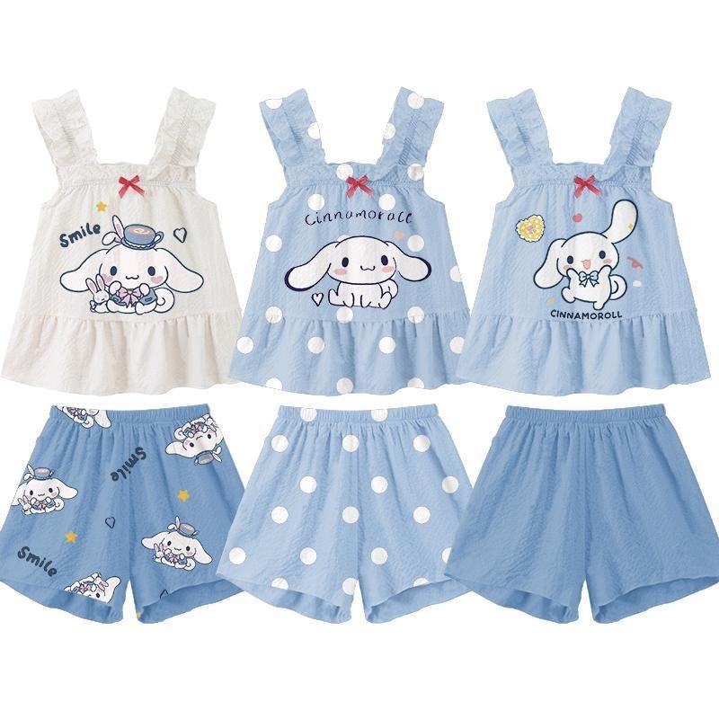 Size90-140 Baby Sanrio Sling + Quần Ngắn Cinnamoroll Bộ Đồ Ngủ Trẻ Em 2-12Years Suits Hoạt Hình Bé Gái Đồ Ngủ Kid In Hình Bộ Đồ Ngủ Váy Ngủ