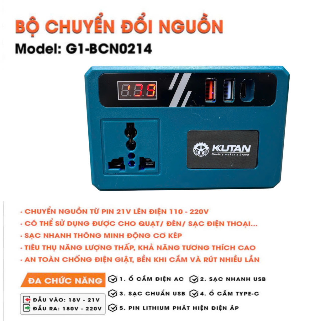 Đế chuyển đổi nguồn điện KUTAN G1-BCN0214, Màn led hiển thị điện áp, sạc điện thoại... điện máy chợ 