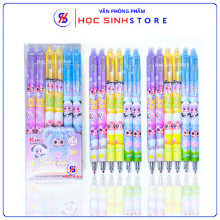Hộp 12 Cây Bút Bấm Xóa Được Hình Baby Three - Ngòi Bi Nhỏ 0.5mm, (Mực Xanh/Tím) Mực Đậm, Xuống Đều Và Nhanh Khô