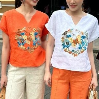 Áo sơ mi nữ tay ngắn vải linen tưng premium - thêu hoa - roxy linen wear - a5988