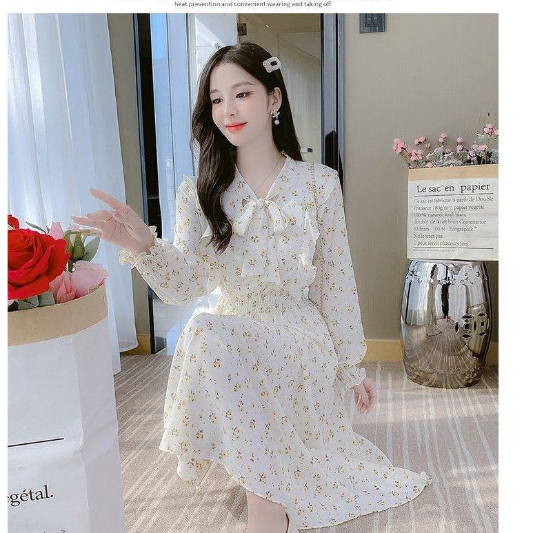 Sugemiusi Đầm chiffon Dài Tay In Hoa Cao Cấp Thời Trang Xuân Thu 2023 Phong Cách Mới
