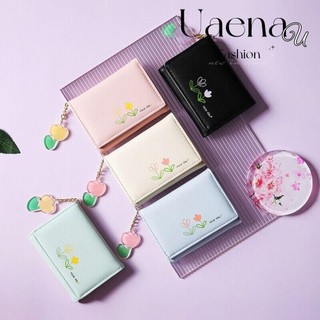 Ví đựng tiền xu UAENAU, Ví ngắn nữ da PU nhiều khe, Túi đựng thẻ nữ họa tiết hoa Tulip gấp ba màu trơn thời trang