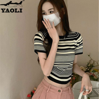 Áo thun nữ YAOLI Mùa hè phong cách Hàn Quốc ngắn tay cổ tròn sọc hàng đầu màu tương phản áo sơ mi đáy thông thường dành cho nữ
