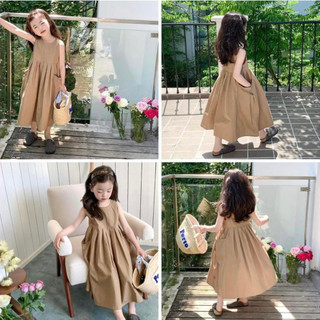 Váy xinh cho bé gái trơn suông form rộng thoải mái 12 -38kg, Váy bé gái mùa hè đơn giản chất đũi