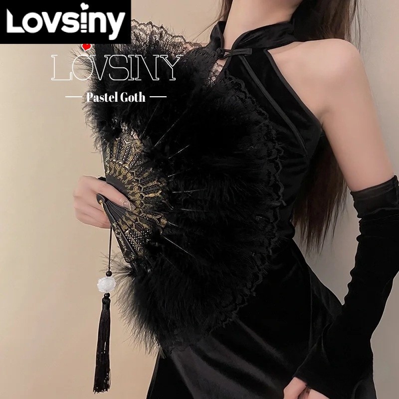 Quạt Xếp Phối Ren Lông Vũ 5 Màu Tùy Chọn Dùng Hóa Trang